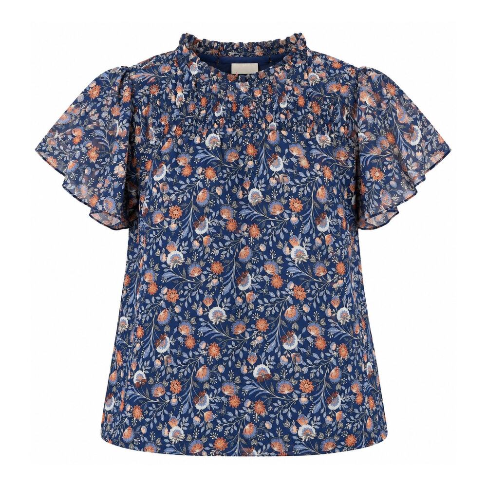 LOFT Size Large Floral Ruffle Blouse Navy Blue Cottagecore Boho